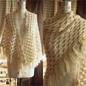 Vintage 1960s 1970s Shawl, Ivory Knit with Fringe Cape or Wrap